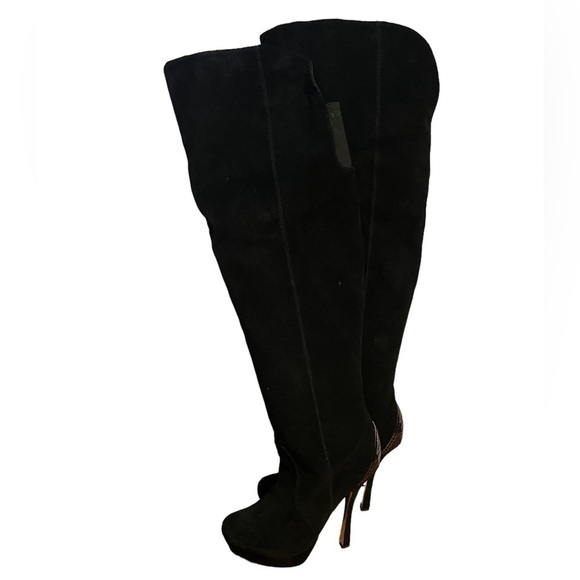 H by Halston Shoes - H by Halston Vintage Black Leather Suede over the Knee Platform Heel Boots 7.5
